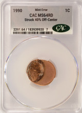 1990 1c Lincoln Cent Struck 40% Off-Center CACG MS64 Red