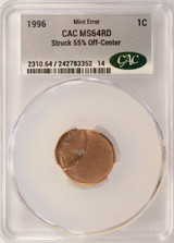 1996 1c Lincoln Cent Struck 55% Off-Center CACG MS64 Red