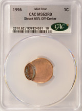 1996 1c Lincoln Cent Struck 65% Off-Center CACG MS62 Red
