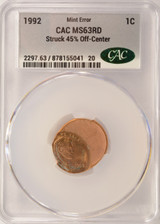 1992 1c Lincoln Cent Struck 45% Off-Center CACG MS63 Red