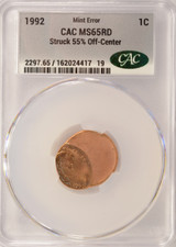 1992-x 1c Lincoln Cent Struck 55% Off-Center CACG MS65 Red