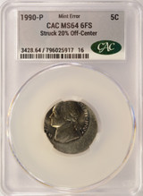 1990-P 5c Jefferson Nickel Struck 20% Off-Center CACG MS64 6FS