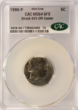 1990-P 5c Jefferson Nickel Struck 20% Off-Center CACG MS64 6FS