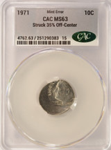 1971 10c Roosevelt Dime Struck 35% Off-Center CACG MS63