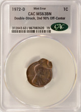 1972-D 1c Lincoln Cent Double-Struck, 2nd 90% Off-Center & DSBS CACG MS63 BN