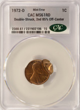 1972-D 1c Lincoln Cent Double-Struck, 2nd 85% Off-Center Uniface CACG MS61 Red