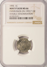 1995 1c Lincoln Cent on 1995-P Dime Double-Denomination NGC MS66