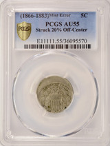 (1866-1883) 5c Shield Nickel Struck 20% Off-Center PCGS AU55
