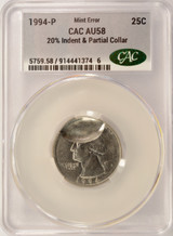 1994-P 25c Washington Quarter 20% Indent & Partial Collar CACG AU58