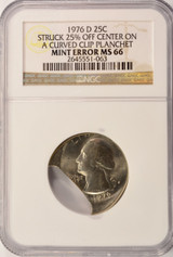 1976-D 25c Bicentennial Quarter 25% Off-Center & 20% Curved Clip NGC MS66