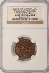 2006-P 25c South Dakota Quarter Missing Reverse Clad Layer NGC MS64 RB