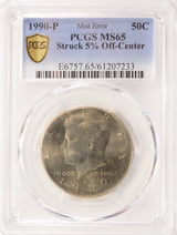 1990-P 50c Kennedy Half Struck 5% Off-Center PCGS MS65