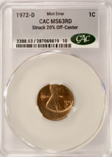 1972-D 1c Lincoln Cent Struck 20% Off-Center CACG MS63 Red