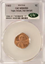 1983 1c Lincoln Cent Triple-Struck, 2-3rd Strikes Off-Center CACG MS62 Red