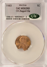 1983 1c Lincoln Cent 15% Ragged Clip CACG MS62 Red