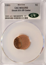 1990 1c Lincoln Cent Struck 55% Off-Center CACG MS63 Red
