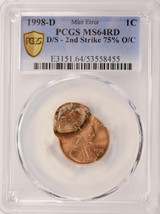 1998-D 1c Lincoln Cent Double-Struck, 2nd Strike 75% Off-Center 2 Dates PCGS MS64 Red
