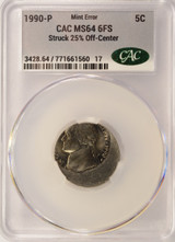 1990-P 5c Jefferson Nickel Struck 25% Off-Center CACG MS64 6FS