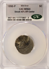 1990-P 5c Jefferson Nickel Struck 40% Off-Center CACG MS64