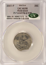 2001-P 25c Rhode Island Quarter 2% Curved Clip CACG AU58