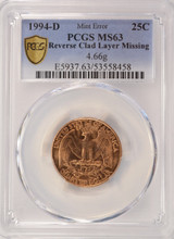 1994-D 25c Washington Quarter Reverse Missing Clad Layer PCGS MS63 Red