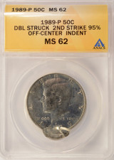 1989-P 50c Kennedy Half Double-Struck, 2nd 95% Off-Center & Indent ANACS MS62