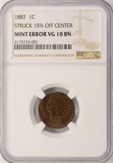 1887 1c Indian Cent Struck 15% Off-Center NGC VG10 Brown