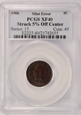 1906 1c Indian Cent Struck 5% Off-Center PCGS XF40 BN