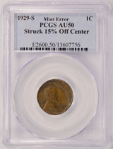 1929-S 1c Wheat Cent Struck 15% Off-Center PCGS AU50