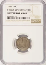 1944 10c Mercury Dime Struck 20% Off-Center NGC MS63