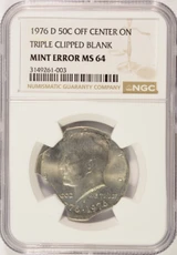 1976-D 50c Kennedy Half Triple Curved Clipped & 5% Off-Center NGC MS64