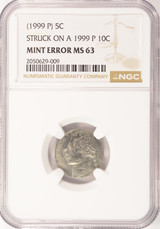 1999-P 5c Jefferson Nickel Struck on 1999-P 10c Double Denomination NGC MS63