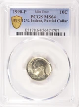 1990-P 10c Roosevelt Dime 12% Indent and Partial Collar PCGS MS64