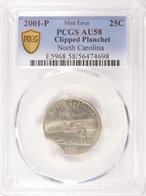 2001-P 25c North Carolina Quarter Curved Clip PCGS AU58