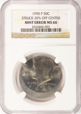 1990-P Kennedy Half Struck 20% Off-Center NGC MS66