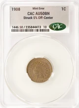 1908 1c Indian Cent Struck 5% Off-Center CACG AU50 BN