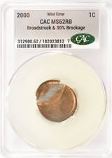 2000 1c Lincoln Cent Broadstruck and 30% Brockage CACG MS62 RB