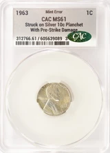 1963 1c Lincoln Cent Struck on Silver Dime Planchet CACG MS61