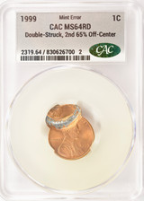 1999 1c Lincoln Cent Double-Struck, 2nd 65% Off-Center CACG MS64 Red