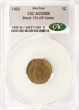 1902 1c Indian Cent Struck 12% Off-Center CACG AU50 Brown