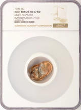 1998 1c Lincoln Cent 3 Coin Bonded Pile Up Multi-Struck 7.5 Grams NGC MS67 Red