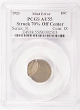 1923-x 10c Mercury Dime Struck 70% Off-Center PCGS AU55