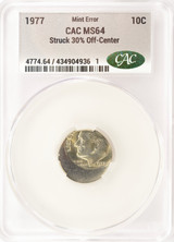 1977 10c Roosevelt Dime Struck 30% Off-Center CACG MS64