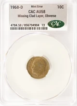 1968-D 10c Roosevelt Dime Missing Obverse Clad Layer CACG AU58 BN