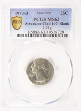 1970-D 25c Washington Quarter Struck on Dime Planchet PCGS MS63