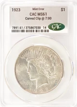 1923 $1 Peace Dollar Curved Clip at 7:00 CACG MS61