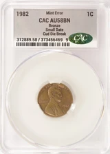 1982 1c Lincoln Cent Cud Die Break CACG AU58 BN