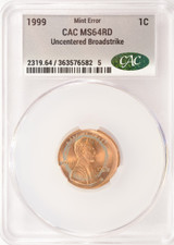1999 1c Lincoln Cent Uncentered Broadstruck CACG MS64 Red
