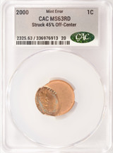 2000 1c Lincoln Cent Struck 45% Off-Center CACG MS63 Red