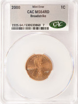 2000 1c Lincoln Cent Large Broadstrike CACG MS64 Red